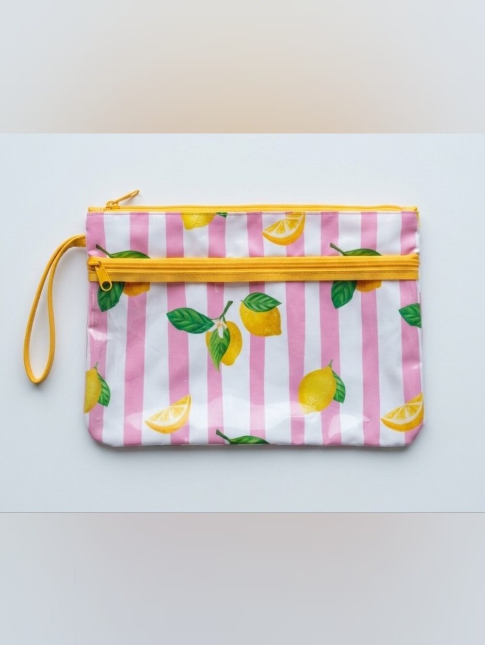 Large Lemon Stripe Zip Pouch - Pink & Yellow
